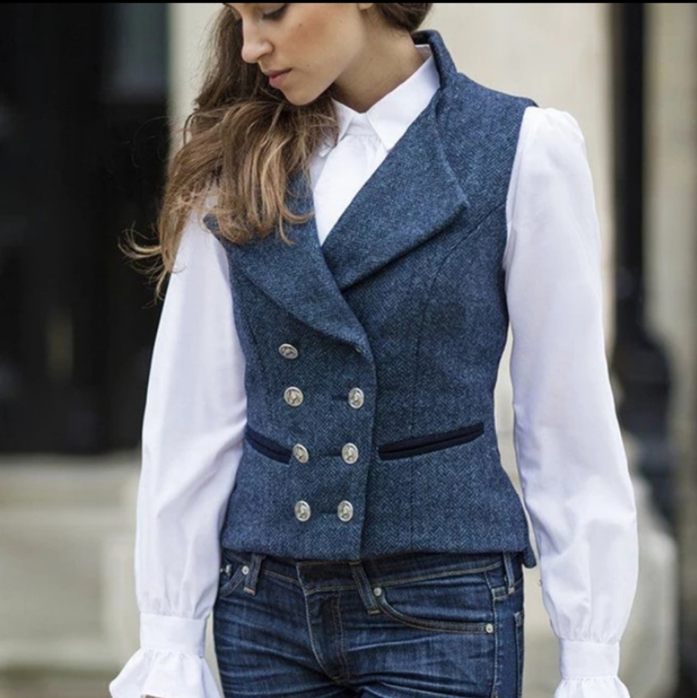 NEW! Elegant Blue Double-Breasted Women's Vest